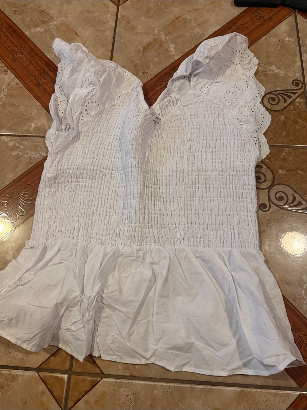 White Eyelet Smocked Peplum Top